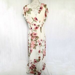 Leslie Fay // White, Pink Floral faux wrap v neck Maxi Dress size 12 AP1